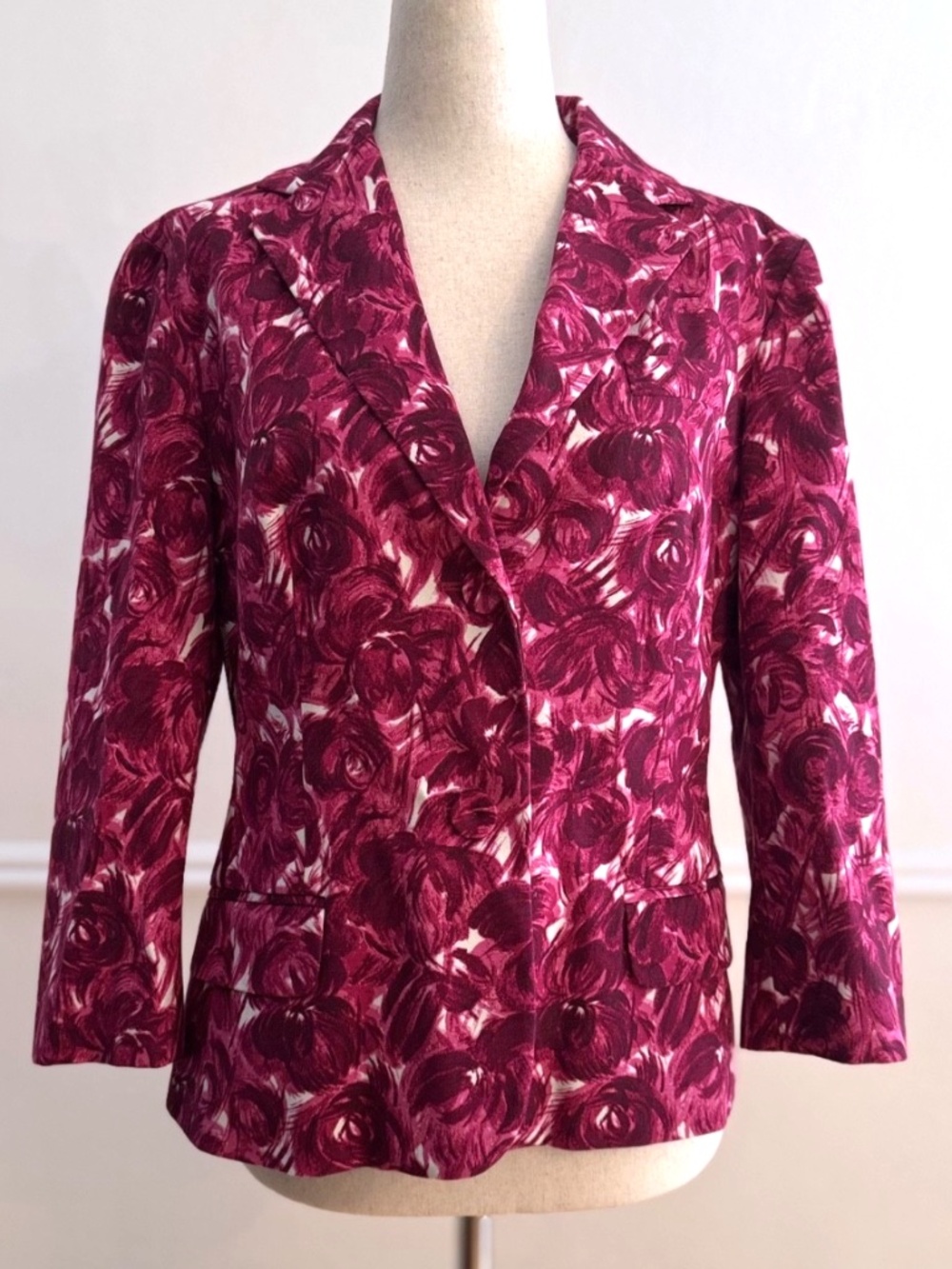 Talbots Floral Blazer Jacket 8 Magenta Rose Print Cotton Lined Stretch